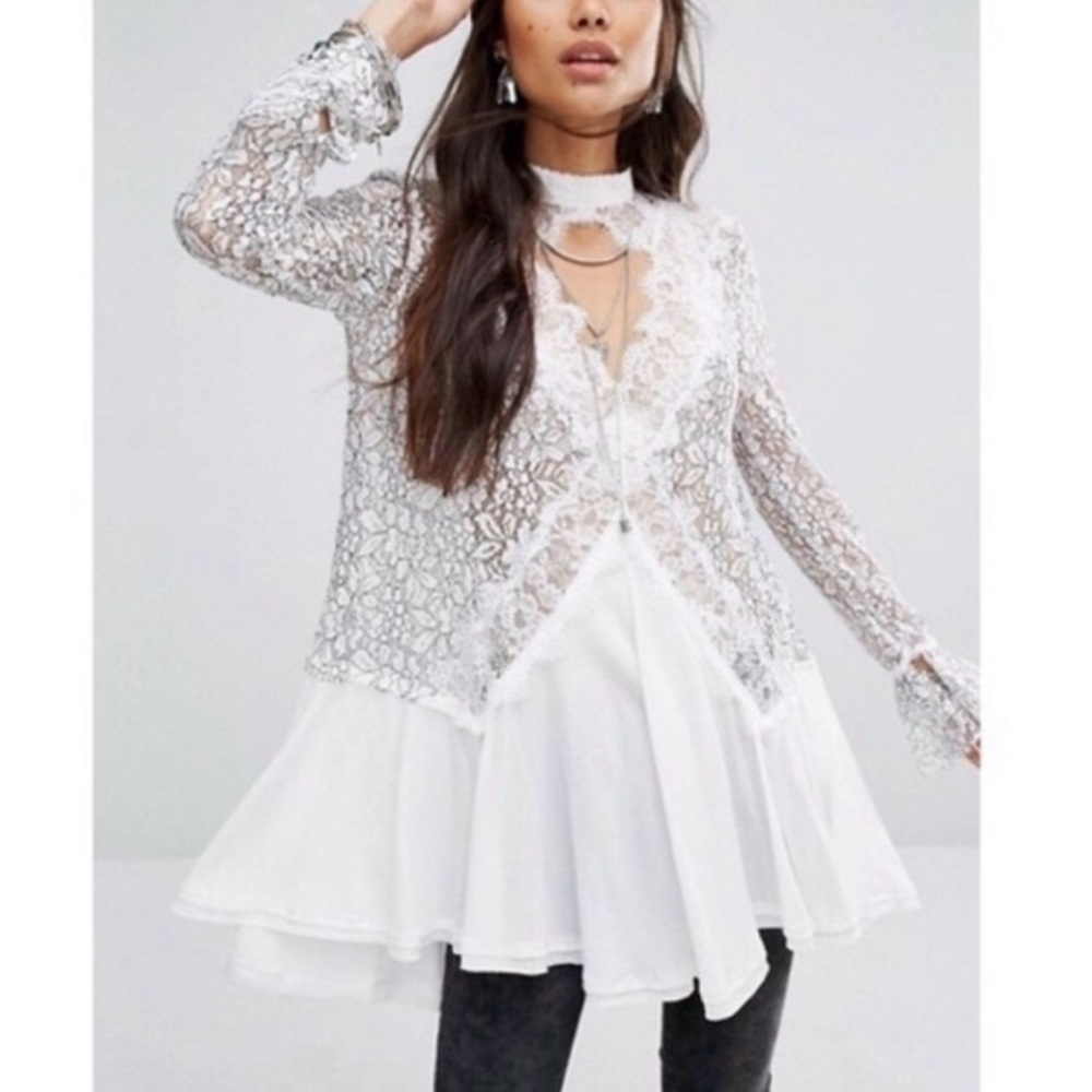 Free People Top Tell Tale Lace Tunic Mini Dress Floral Raw Hem Swing White Black